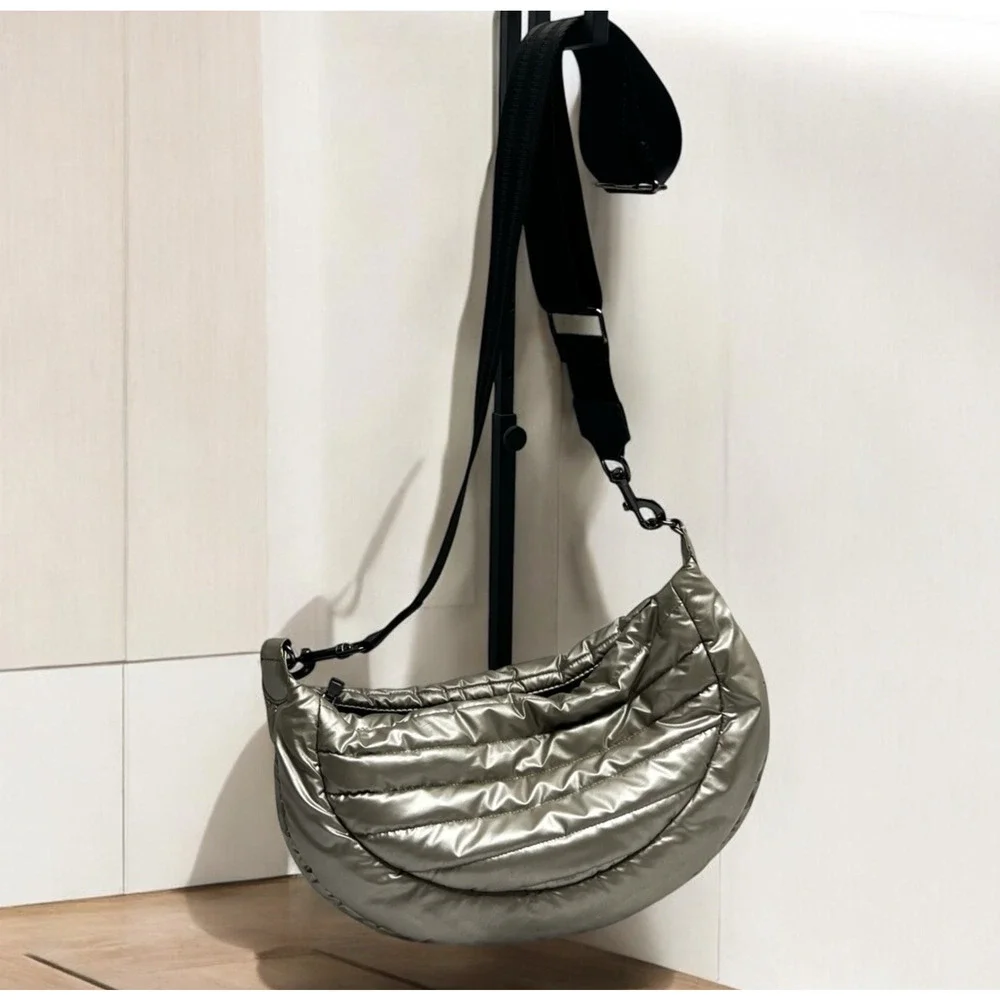 Think Royln Elton Hobo Designer Crossbody Silver Puffer Handbag Half-Moon - Picture 1 of 11
